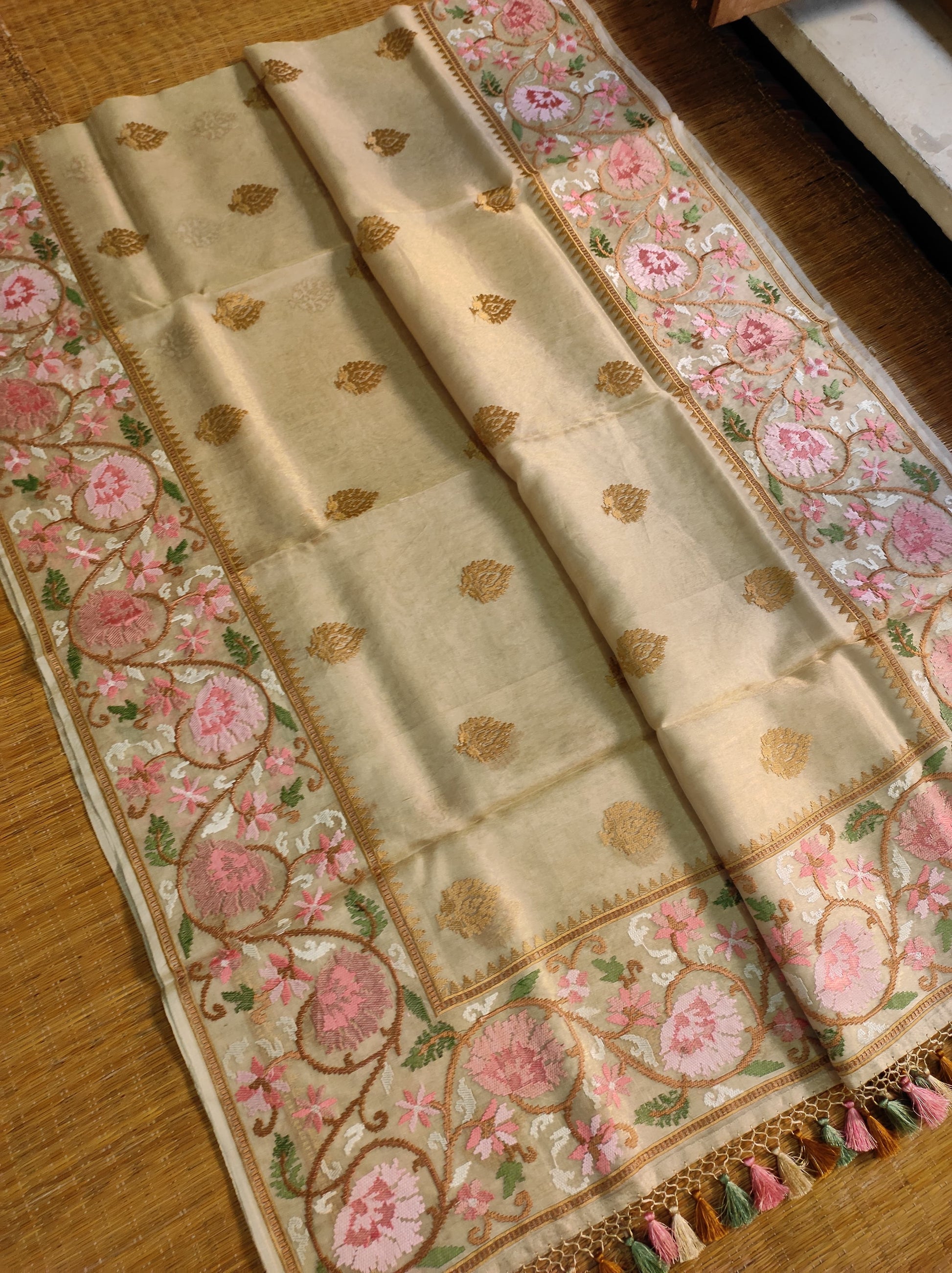 Embroidered Floral Tissue Silk Saree - Saffronfashionindia