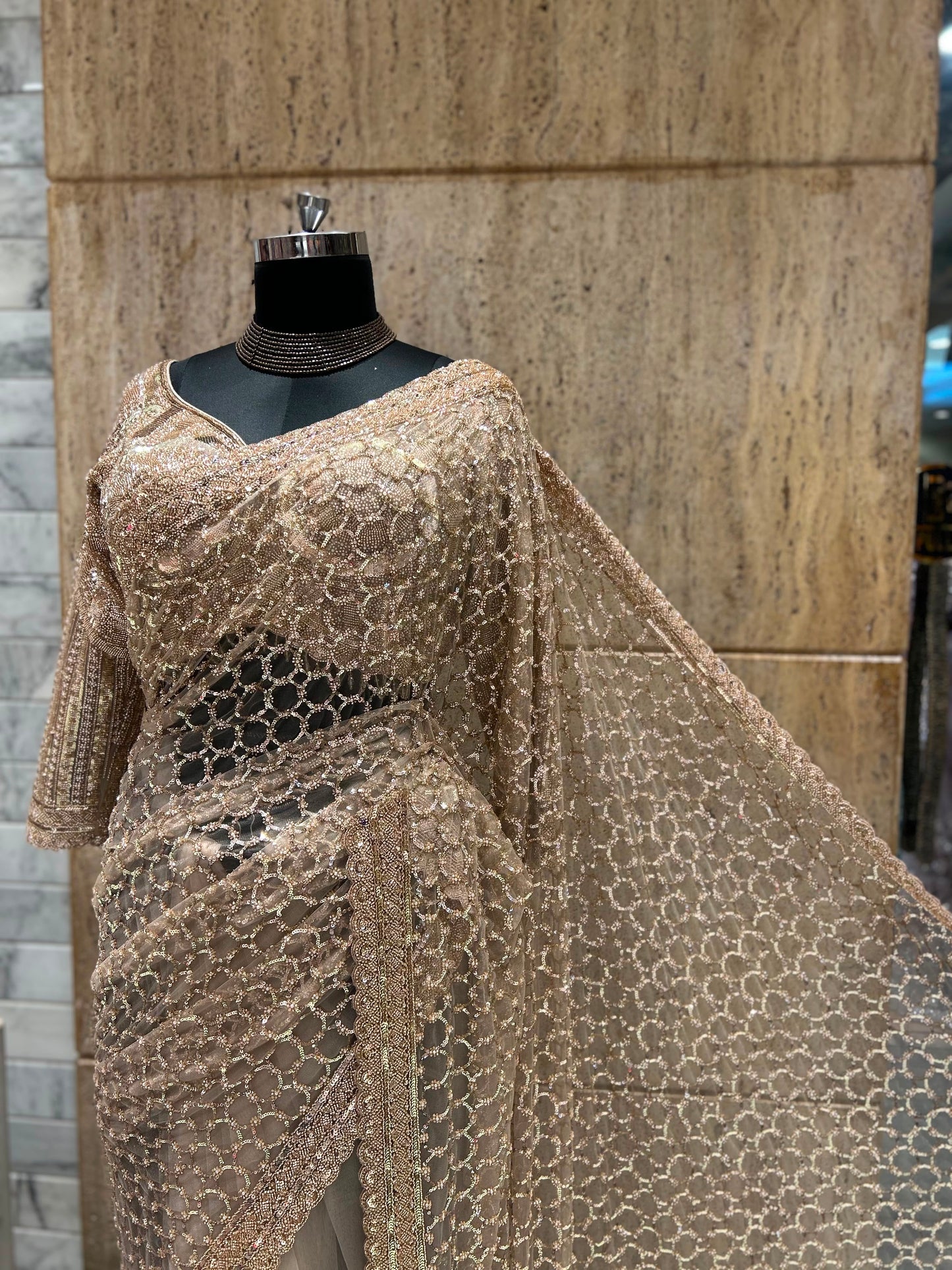 Champagne Gold Sequin Saree | Indian Party Wear Saree | Shimmer Embellished Saree | Wedding Reception Saree | Glamorous Designer Saree for Women Saffronfashionindia