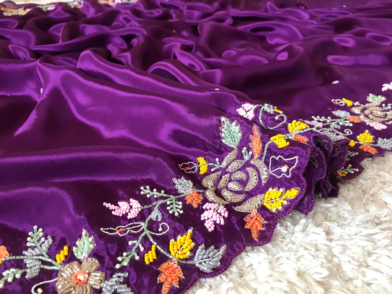 Purple satin saree Partywear sarees SaffronFashion