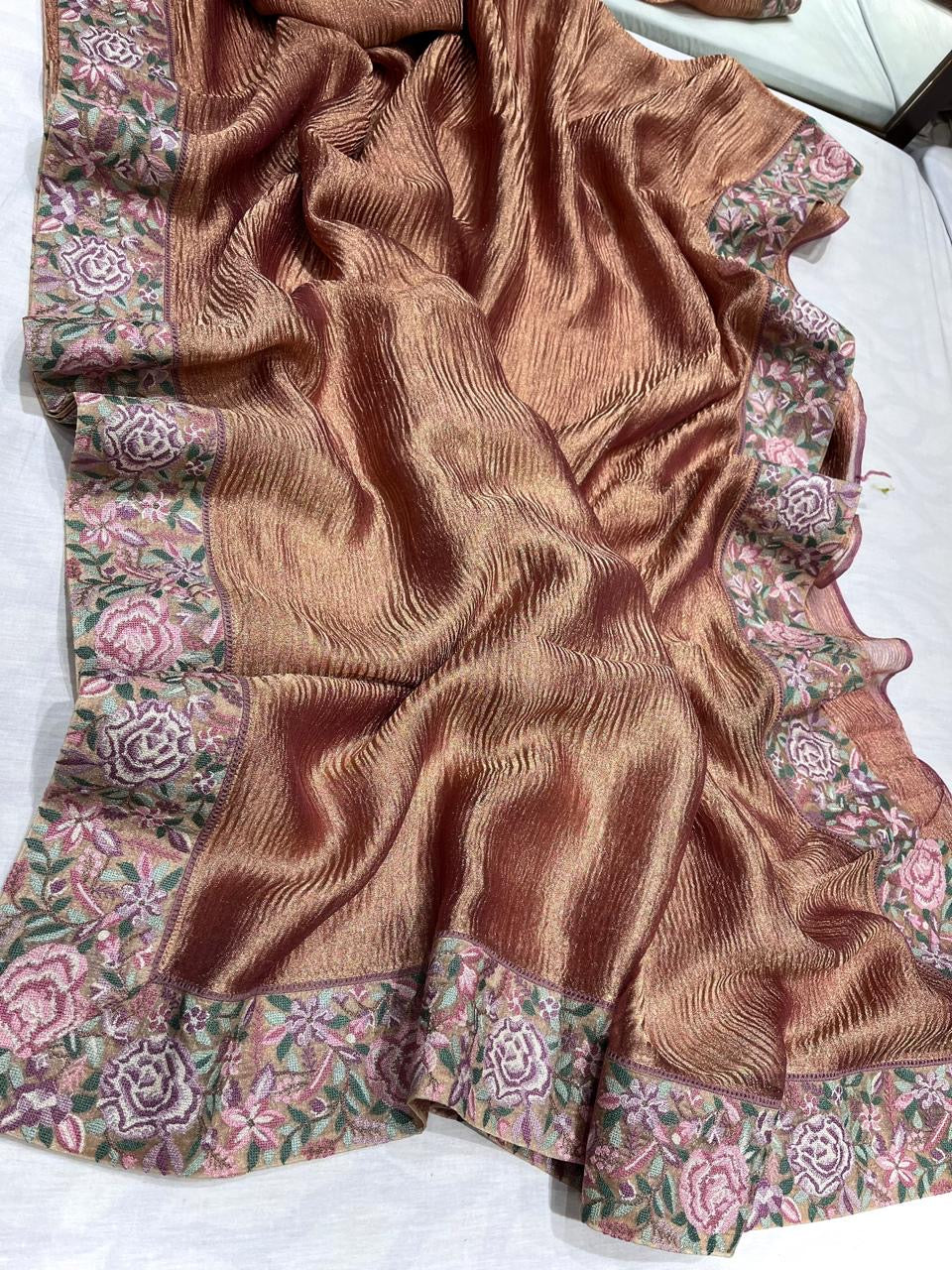 Crushed Parsi inspired saree Partywear sarees - Saffronfashionindia