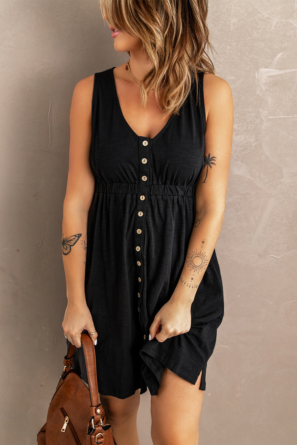 Button Front Shirred Waist Casual Tank Summer Black Dress - Saffronfashionindia