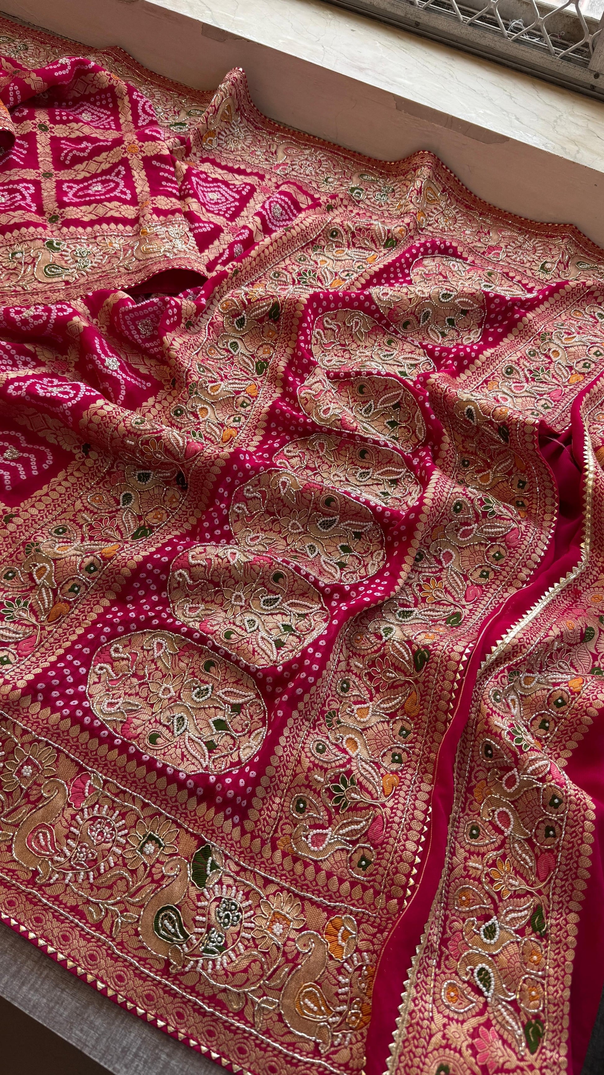 Zardosi Khaddi gorgette saree Indian wedding sarees SaffronFashion