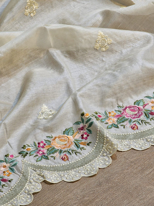 Rovish silk saree tussar silk saree embroidery saree blouse Saffronfashionindia