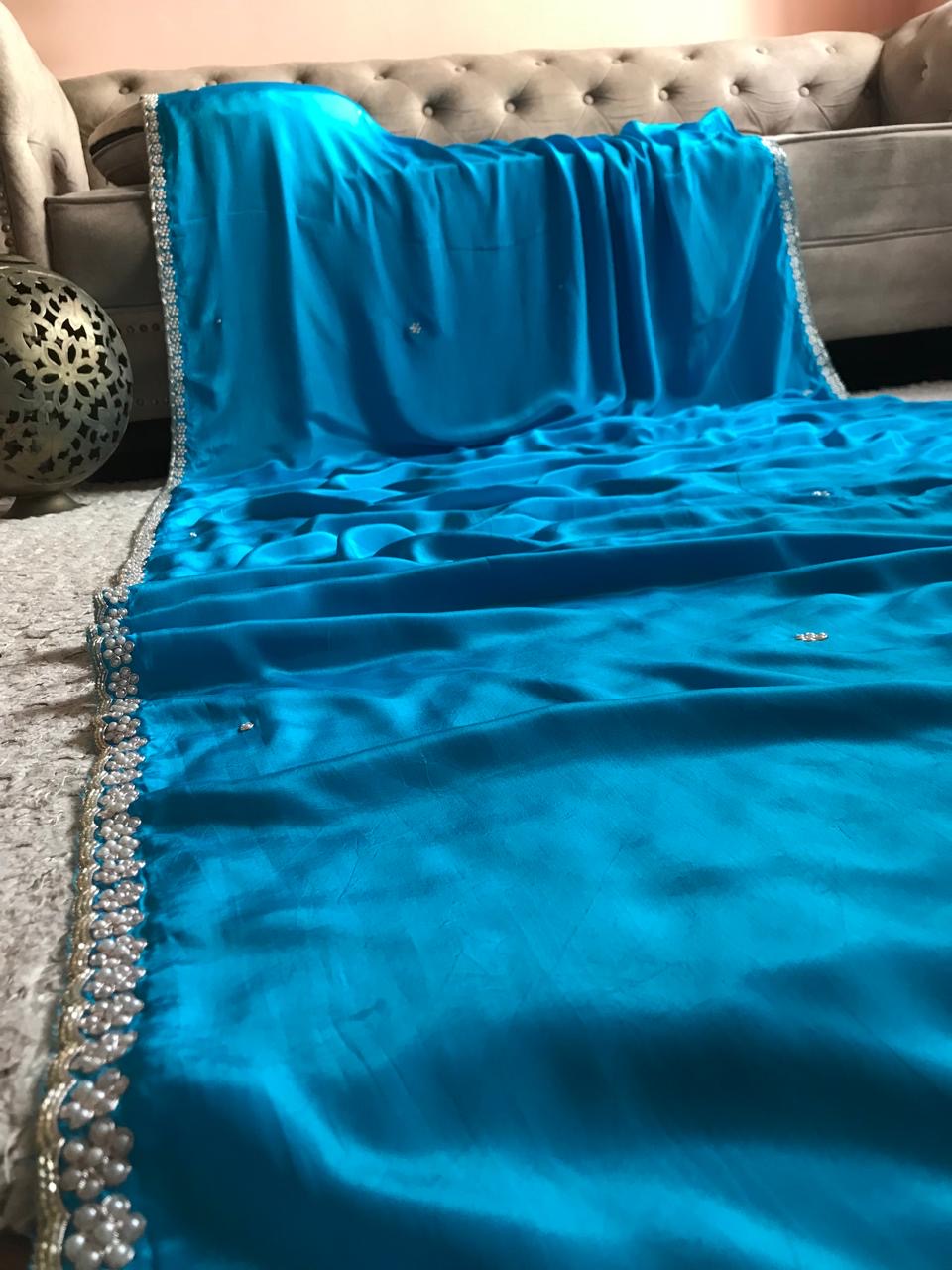 Firoza blue saree crepe silk saree pearl daana saree blouse - Saffronfashionindia