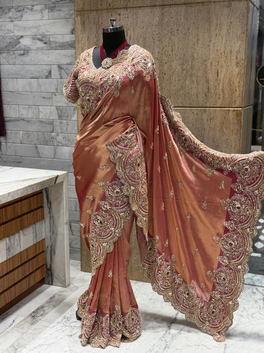Dual tone pure Kanjeevaram saree wedding sari reception sarees blouse Saffronfashionindia