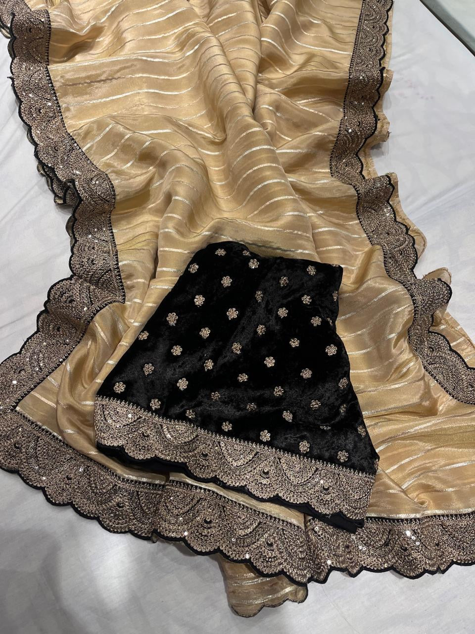 Ivishik tissue saree striped saree velvet blouse sarees SaffronFashion