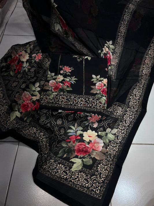 Black floral crepe Indian Pakistani suit - Saffronfashionindia