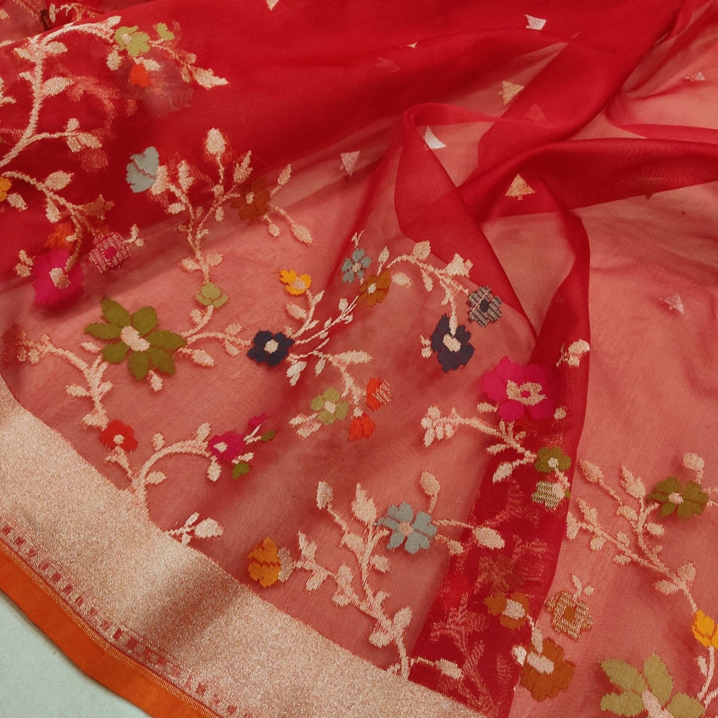 Red Jamdani saree Kora sarees Indian sari blouse SaffronFashion