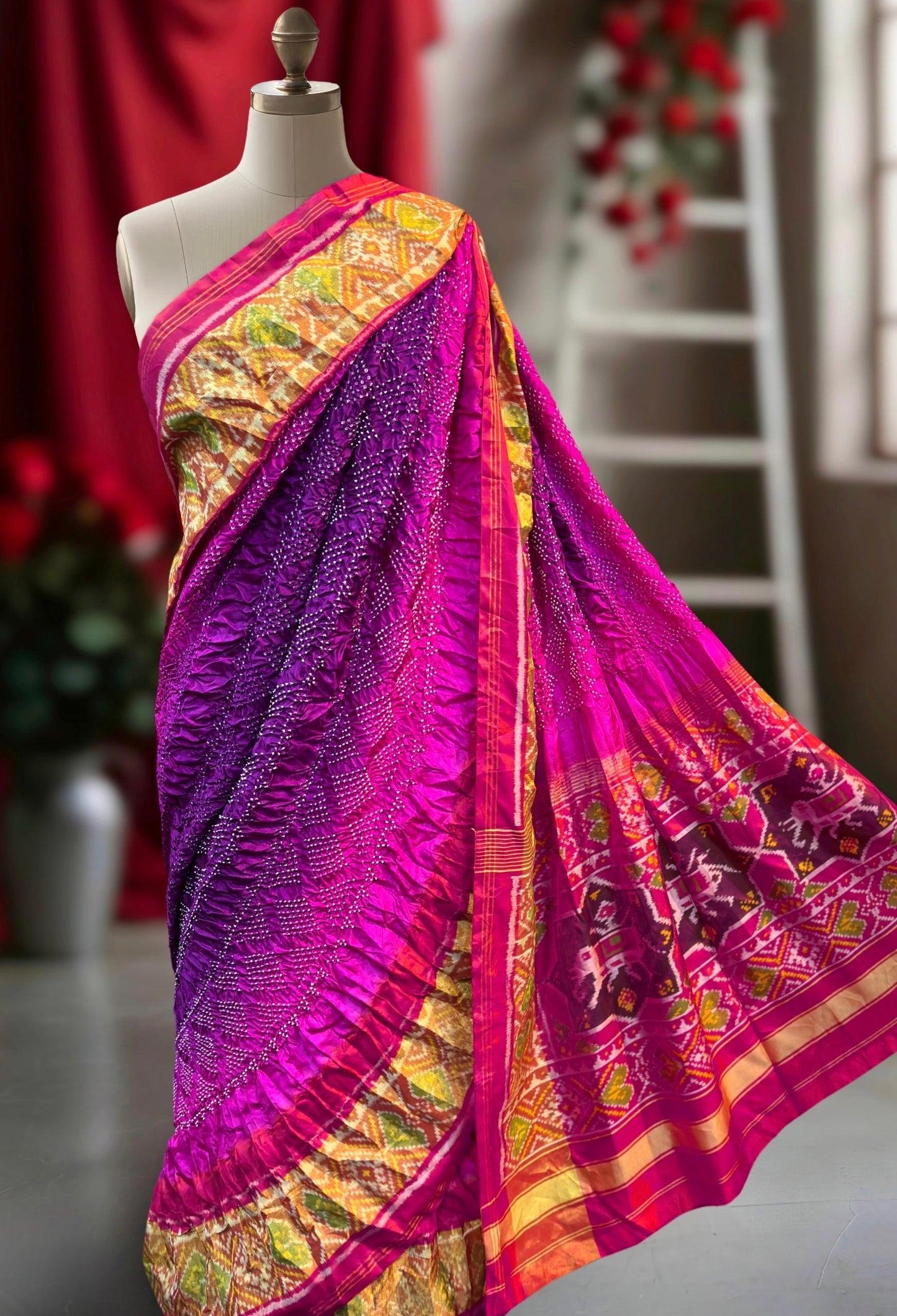 Patan patola saree weaving saree bandhani sarees Indian sari blouse Saffronfashionindia
