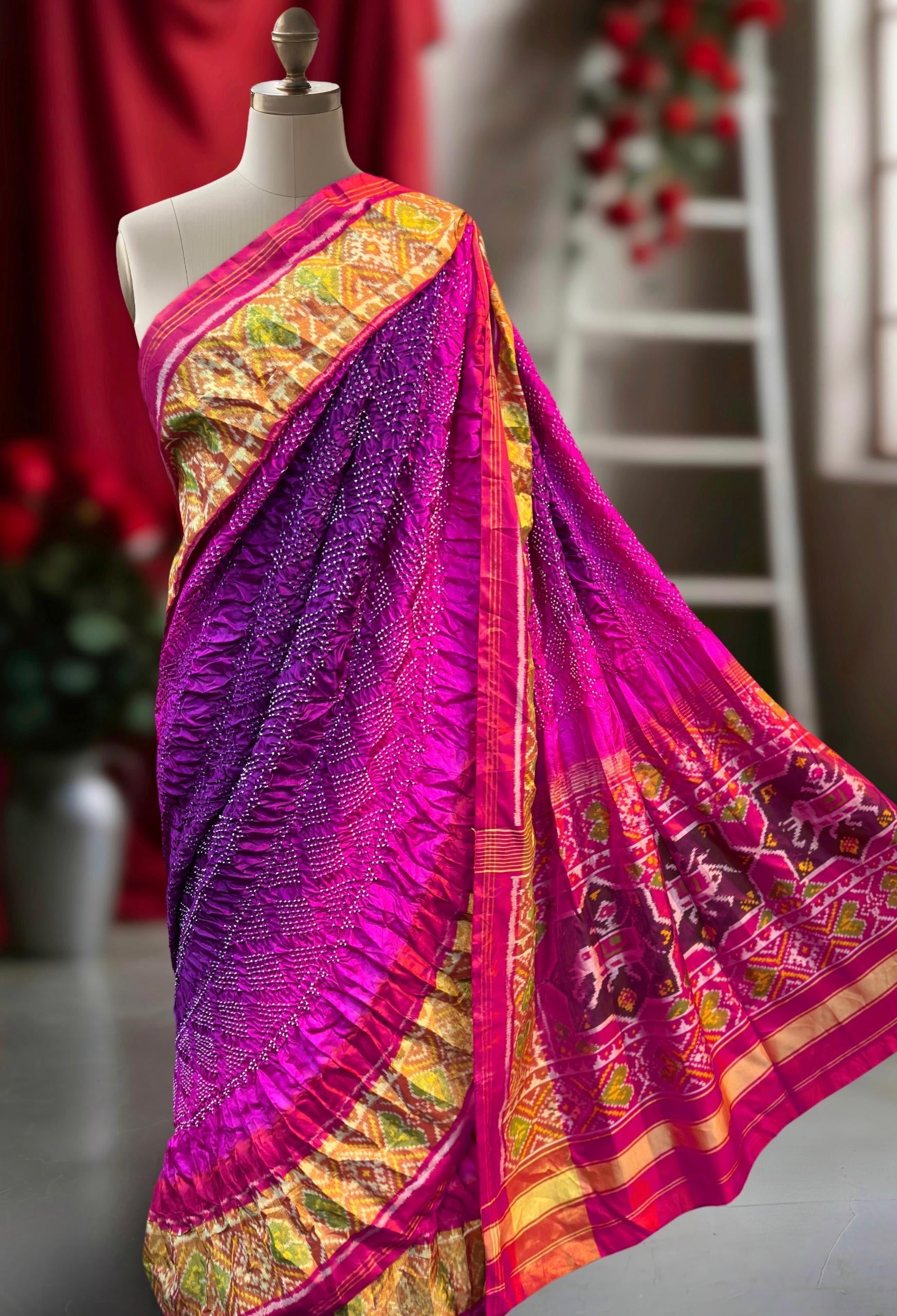 Patan patola saree weaving saree bandhani sarees Indian sari blouse Saffronfashionindia
