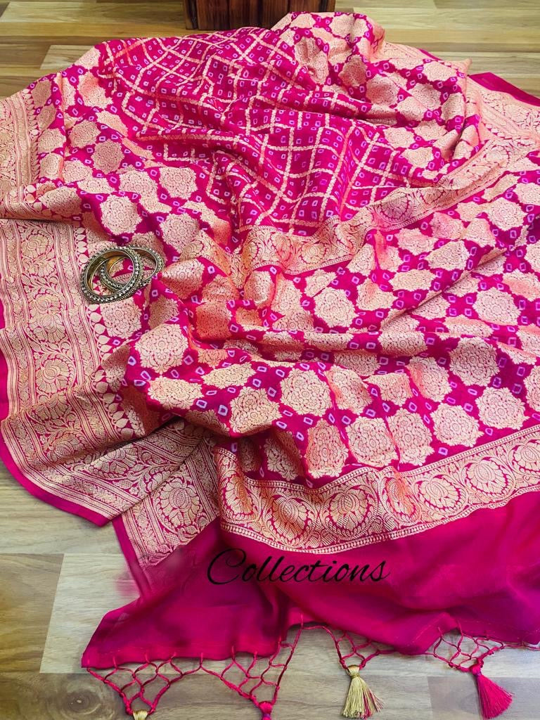 Pinash banarsi handwoven Bandhani Gorgette sarees - Saffronfashionindia