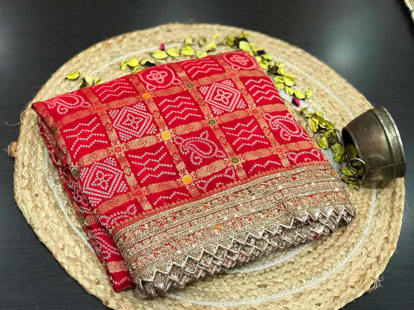 Red Bandhej saree Indian  sari blouse traditional sarees SaffronFashion