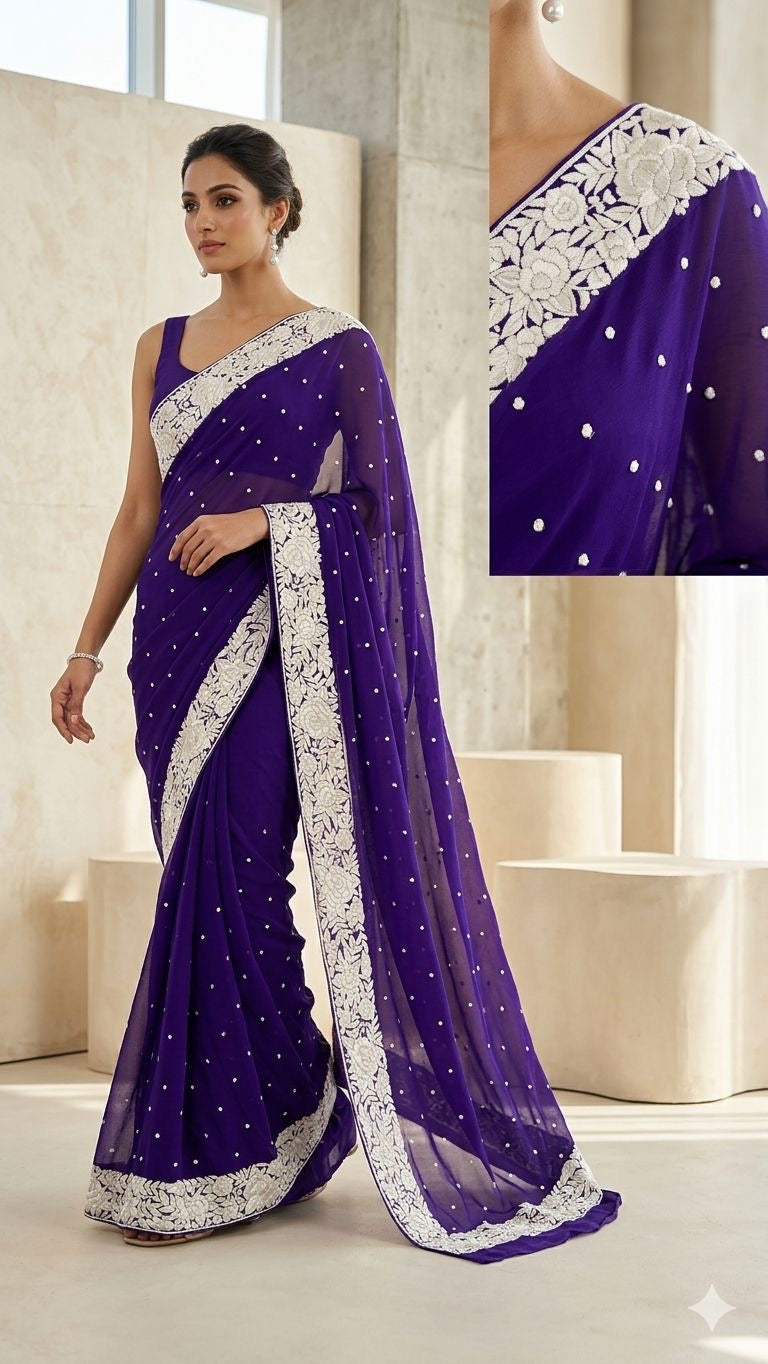 Parsi border saree gorgette saree Indian sari blouse SaffronFashion