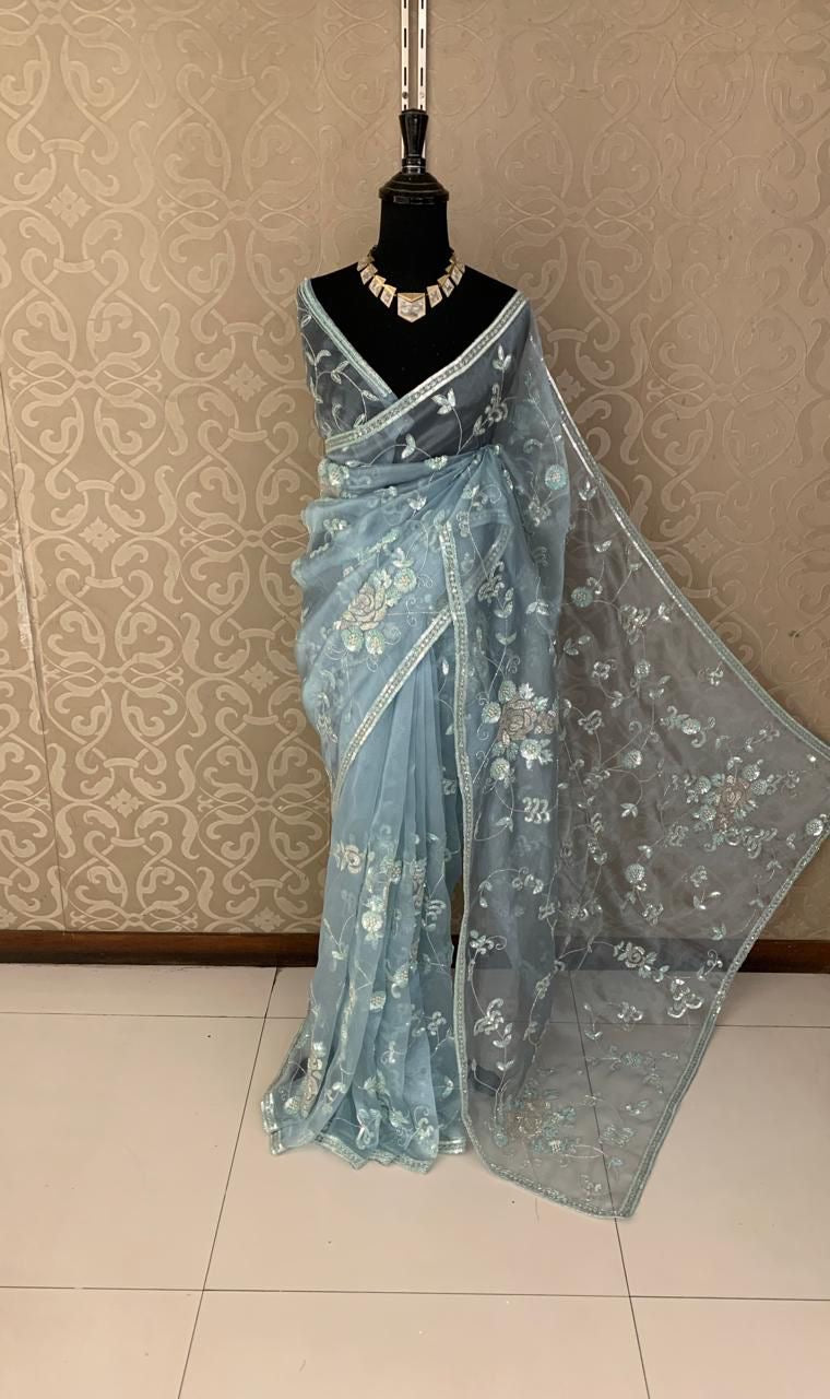 Elegant beautiful organza saree Partywear saree blouse reception saree - Saffronfashionindia
