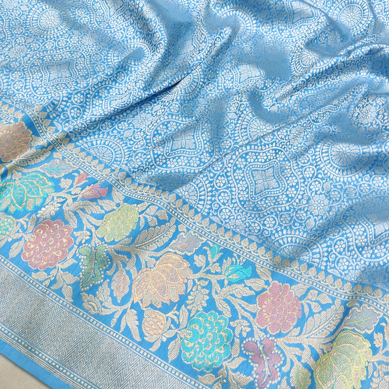 Firoza blue Katan silk saree handwoven sarees - Saffronfashionindia