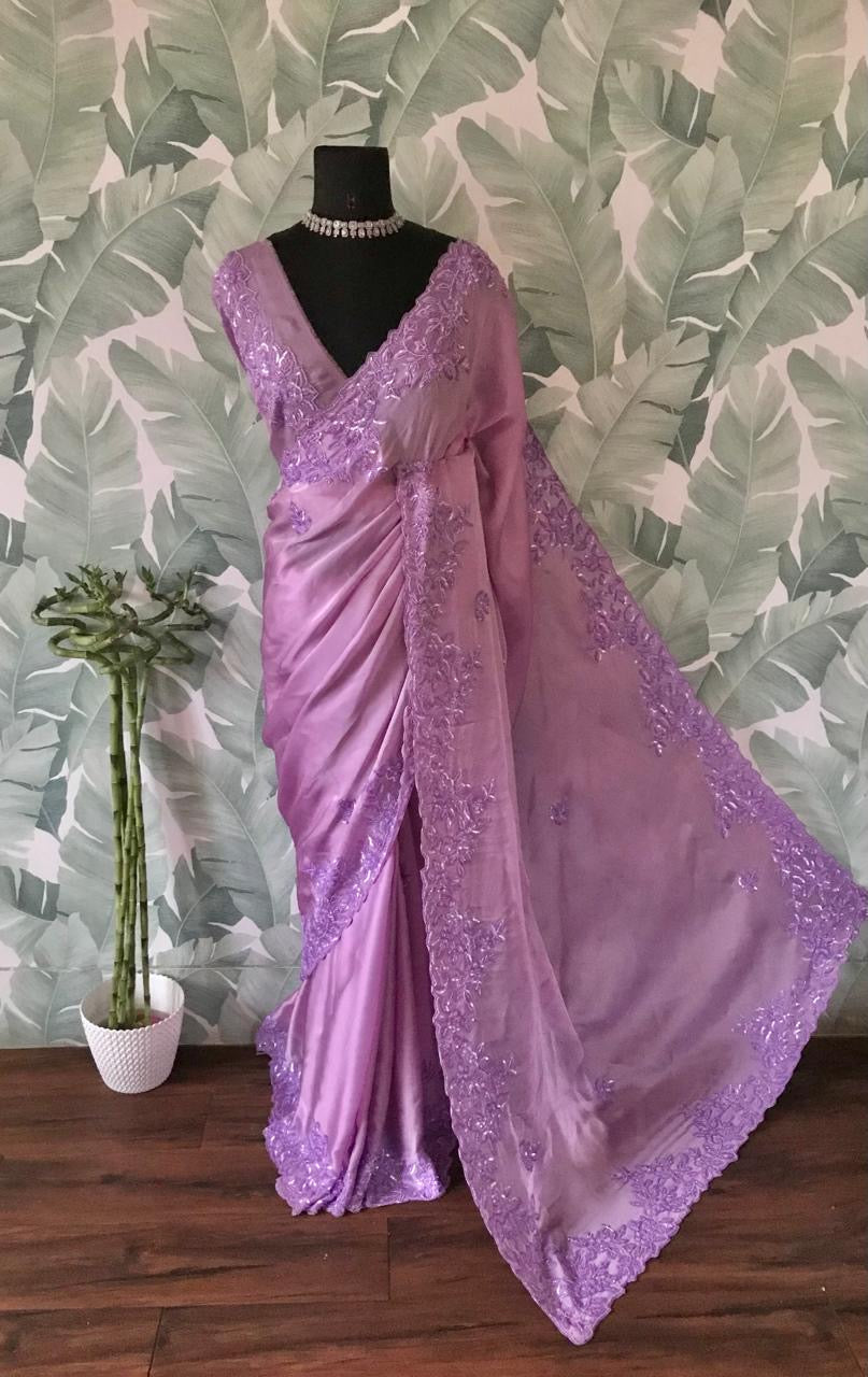 Lilac Satin organza silk saree Partywear sarees Indian sari SaffronFashion