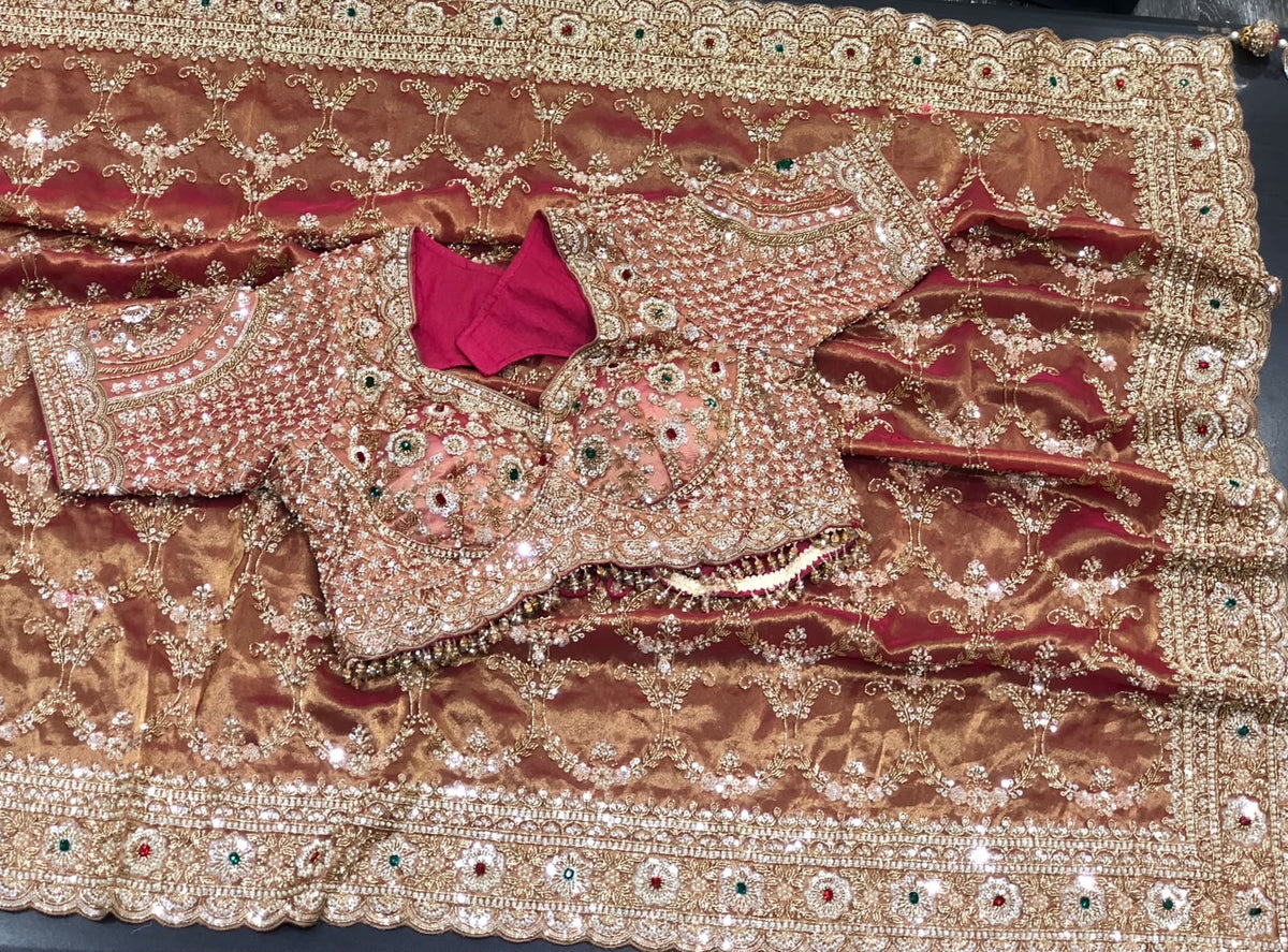 Bridal Silk Saree in Rust Copper | Heavy Embroidered Wedding Saree | Indian Wedding Saree | Designer Banarasi Style Saree | Festive Saree SaffronFashion