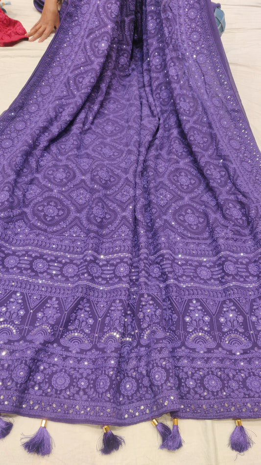 Lailza Chikankari Gorgette Saree Indian saree - Saffronfashionindia