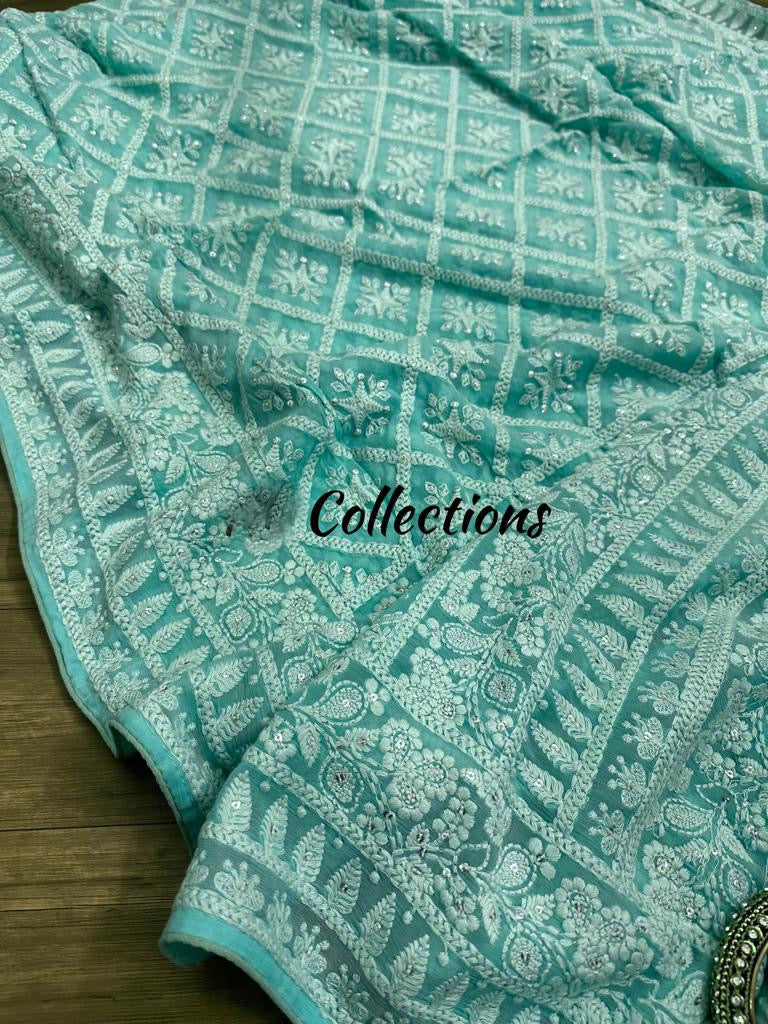 Chikankari beautiful Gorgette sarees women sari - Saffronfashionindia