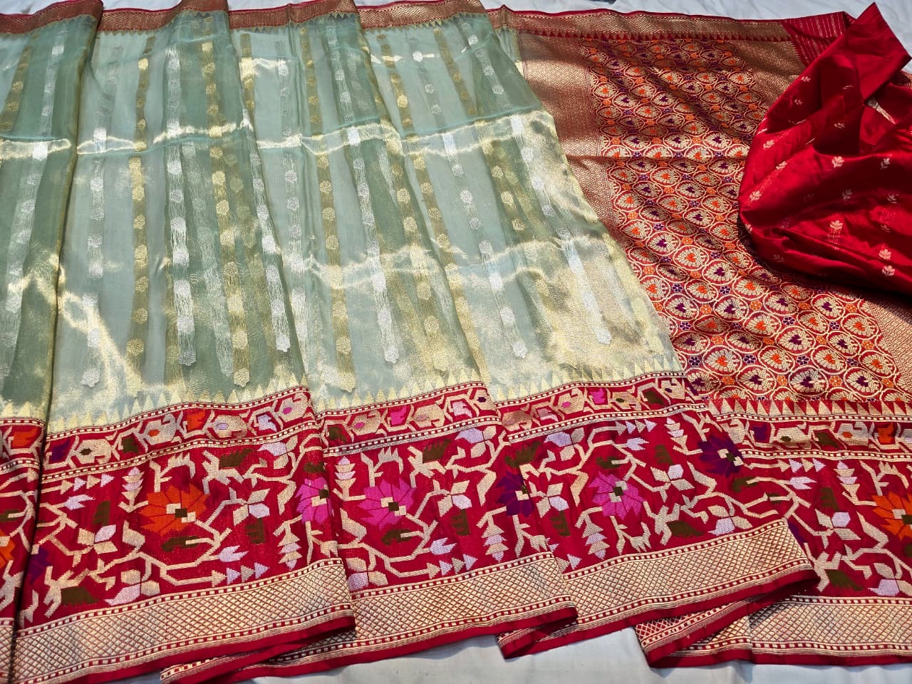 Dhakai Jamdani Paithani saree Banarsi saree handwoven sari blouse SaffronFashion