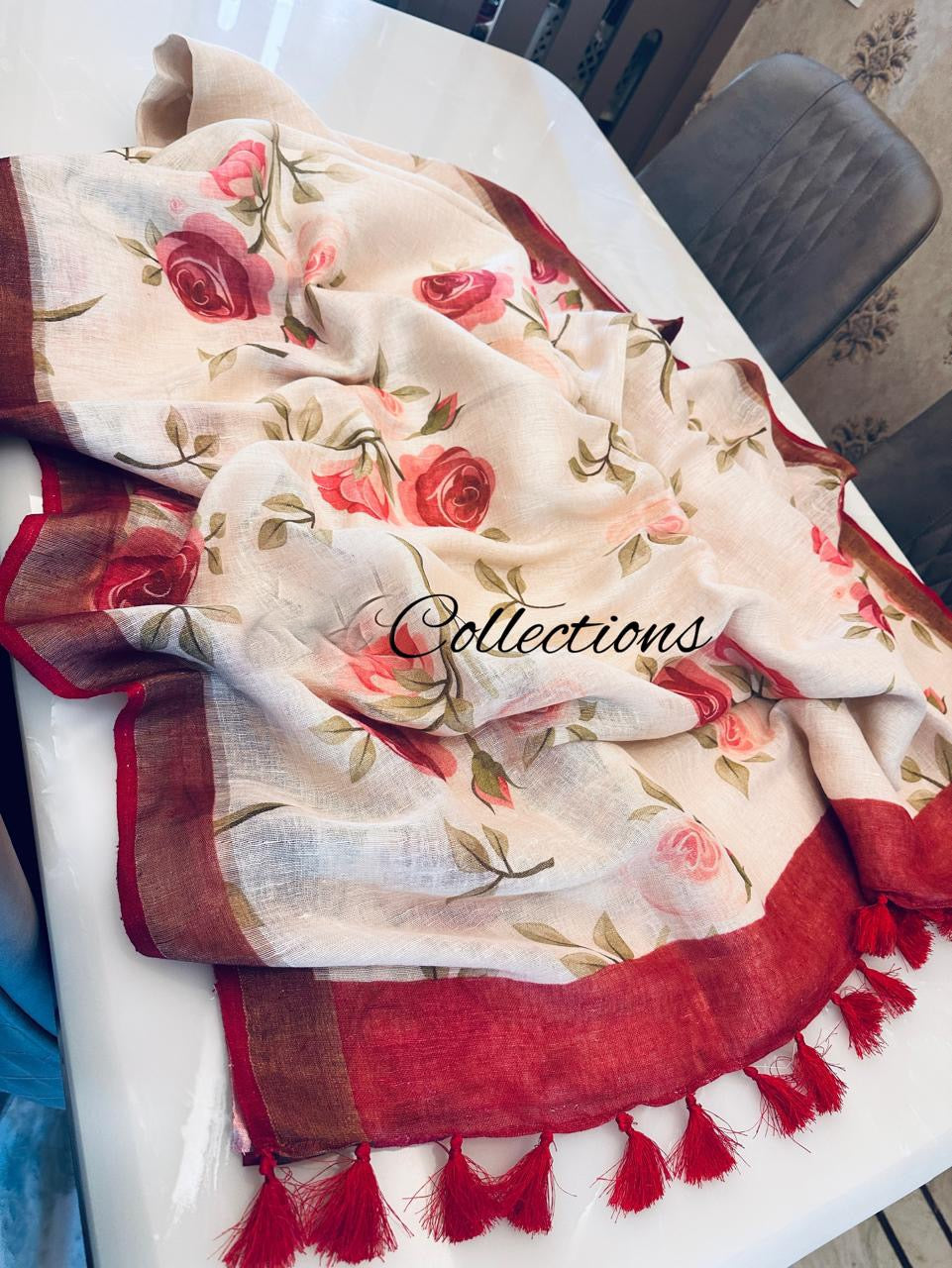 Floral Handwoven linen saree digital print sarees - Saffronfashionindia