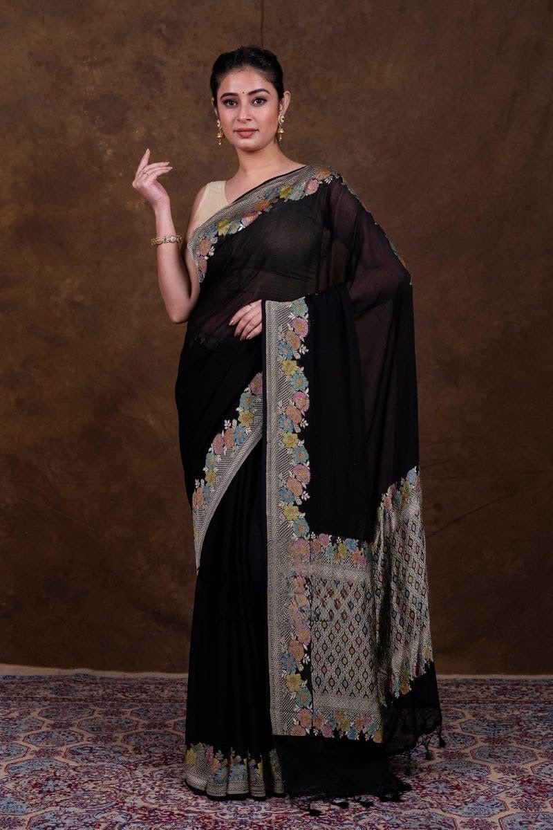 Floral georgette saree khaddi saree Indian sari blouse SaffronFashion