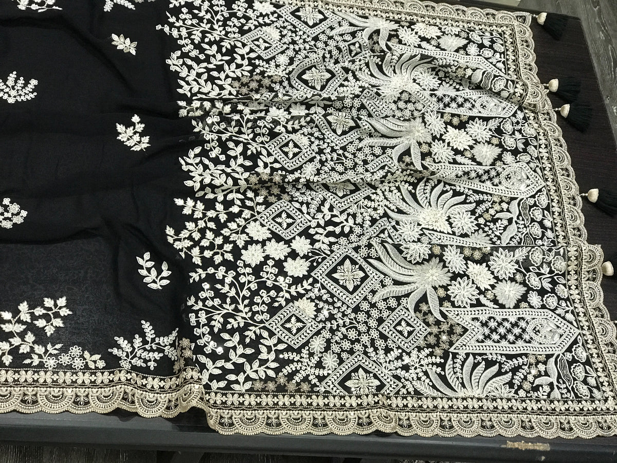 Black designer gorgette saree Lucknowi Parsi saree partywear sari blouse Saffronfashionindia