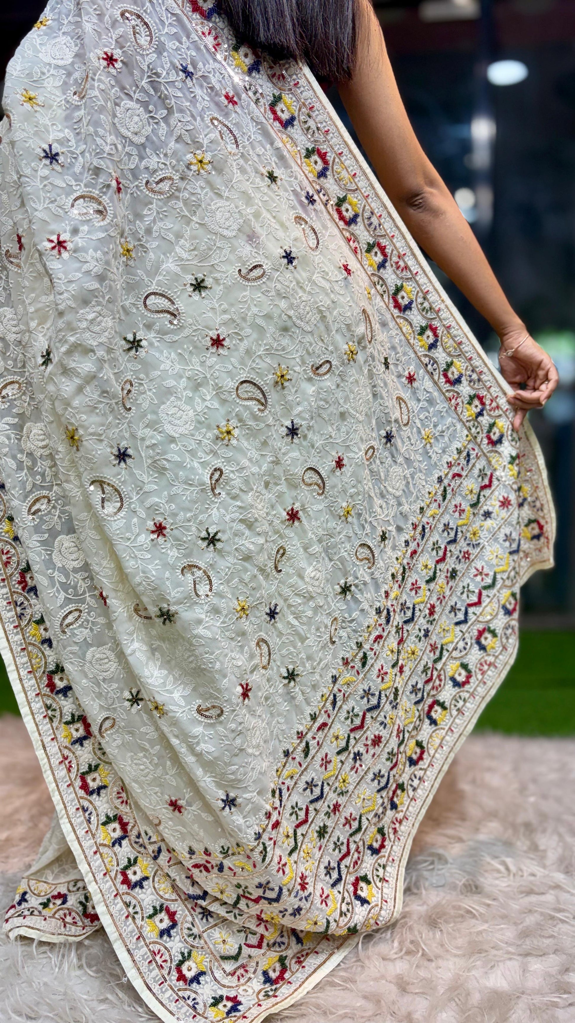 White Chikankari saree gorgette saree Indian saree blouse SaffronFashion