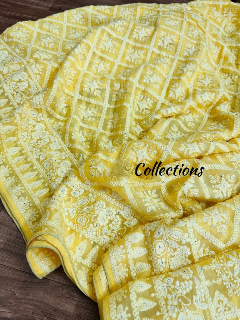Chikankari beautiful Gorgette sarees women sari - Saffronfashionindia