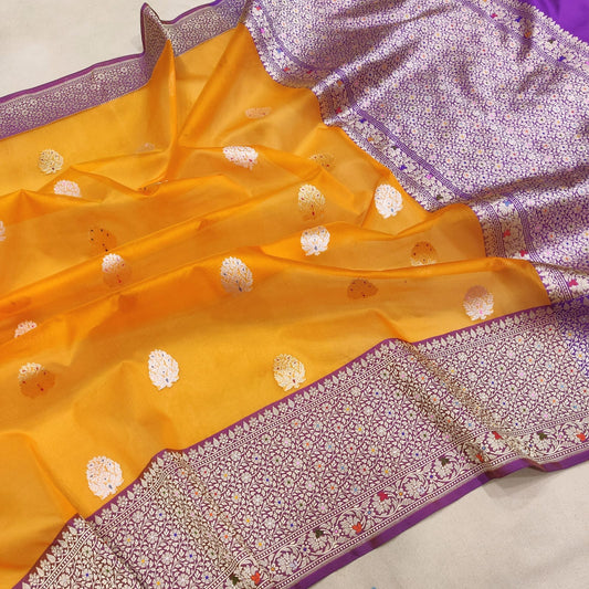 Lumiaka handwoven kora kadwa Indian saree - Saffronfashionindia