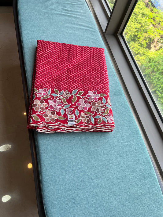 Red Organza Saree Thread Embroidery Work Sarees - Saffronfashionindia