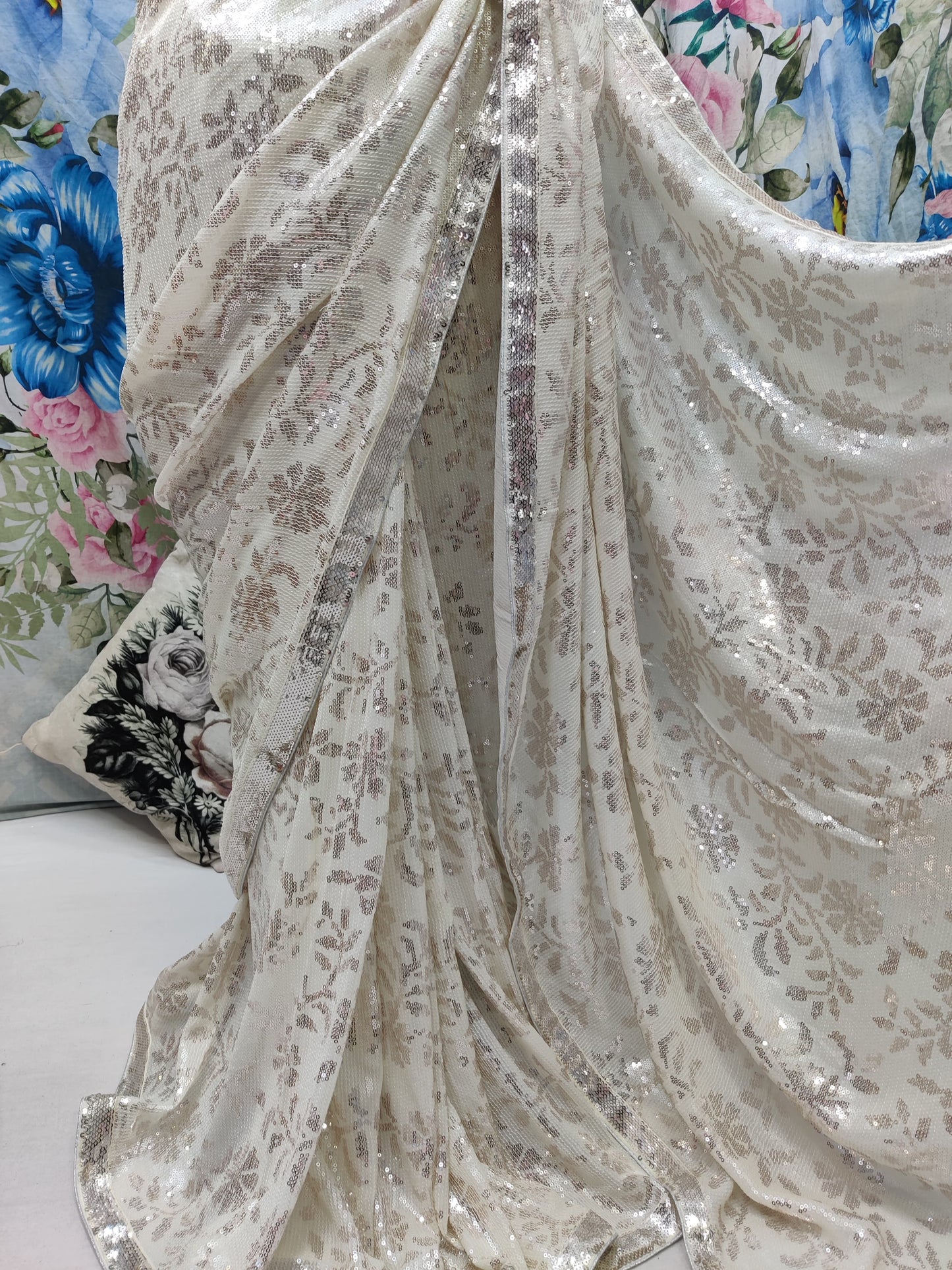 White sequence saree Indian saree party wear sari blouse - Saffronfashionindia