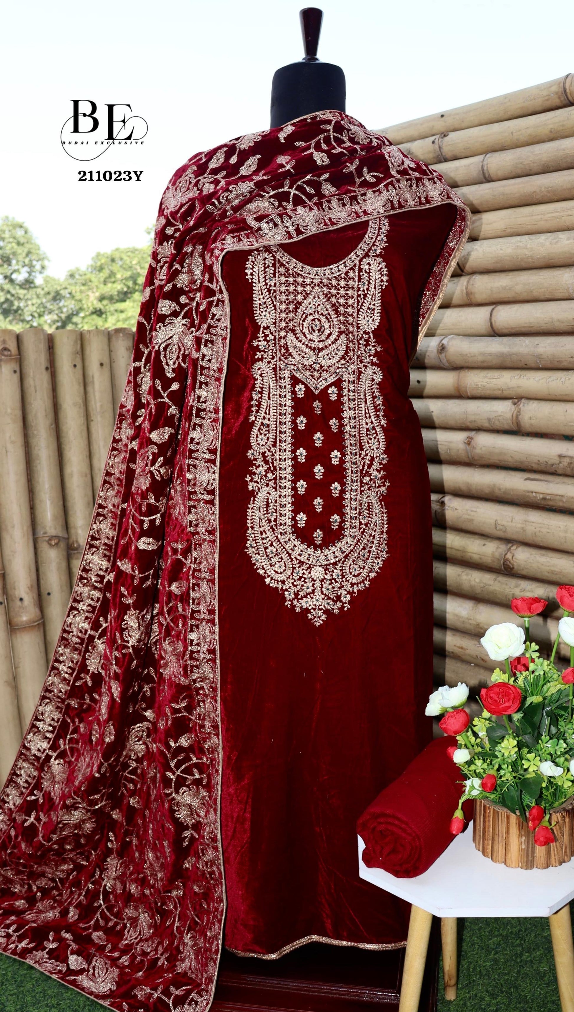 Embroidered Velvet Salwar Kameez - Saffronfashionindia
