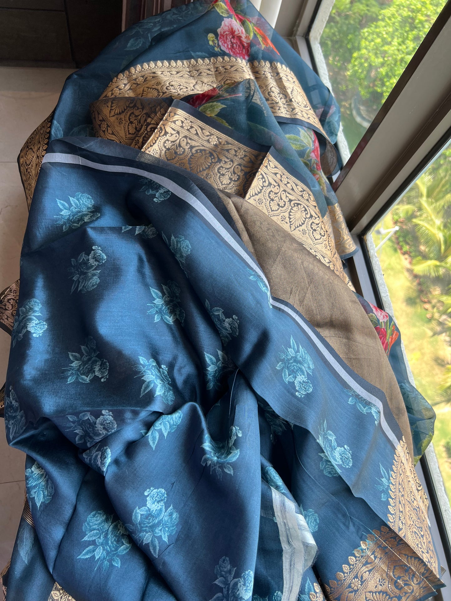 Kivashi Saree organza saree floral saree sabyasachi bordered sari blouse - Saffronfashionindia