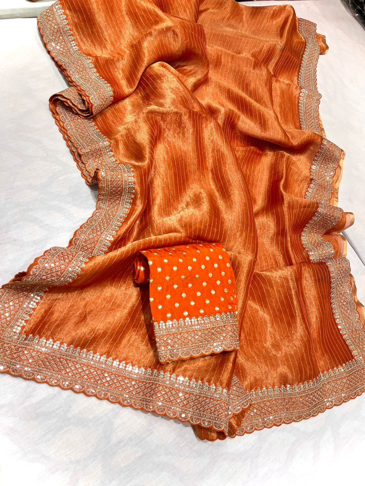 Elegant Tissue saree Indian sari blouse bordered saris SaffronFashion