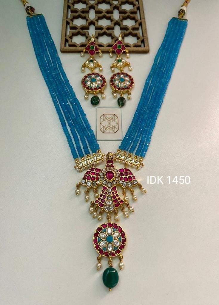 Firoza peacock inspired long necklace set - Saffronfashionindia