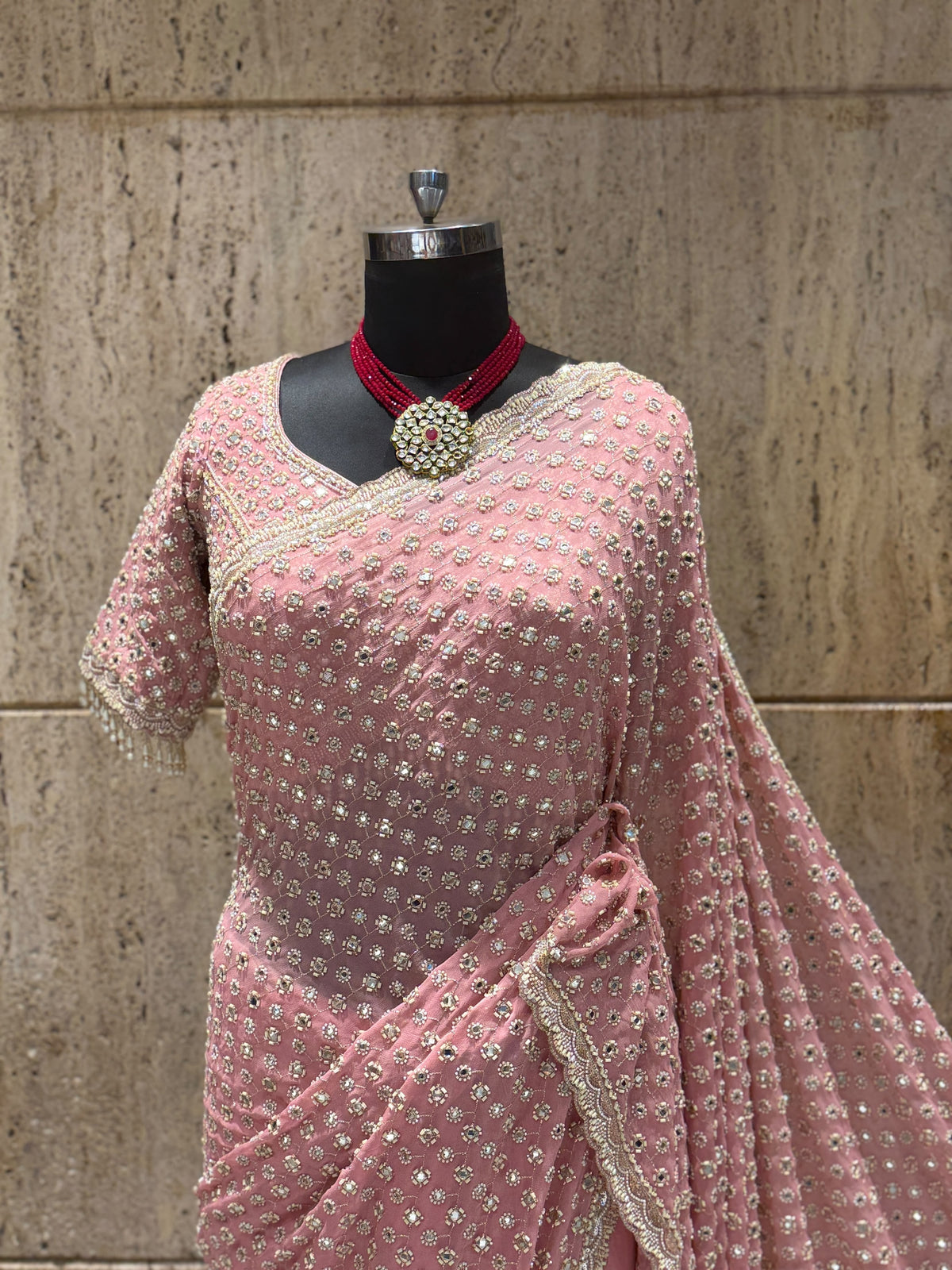 Pink Designer Sequin Embroidered Georgette Saree with Embellished Border & Blouse SaffronFashion