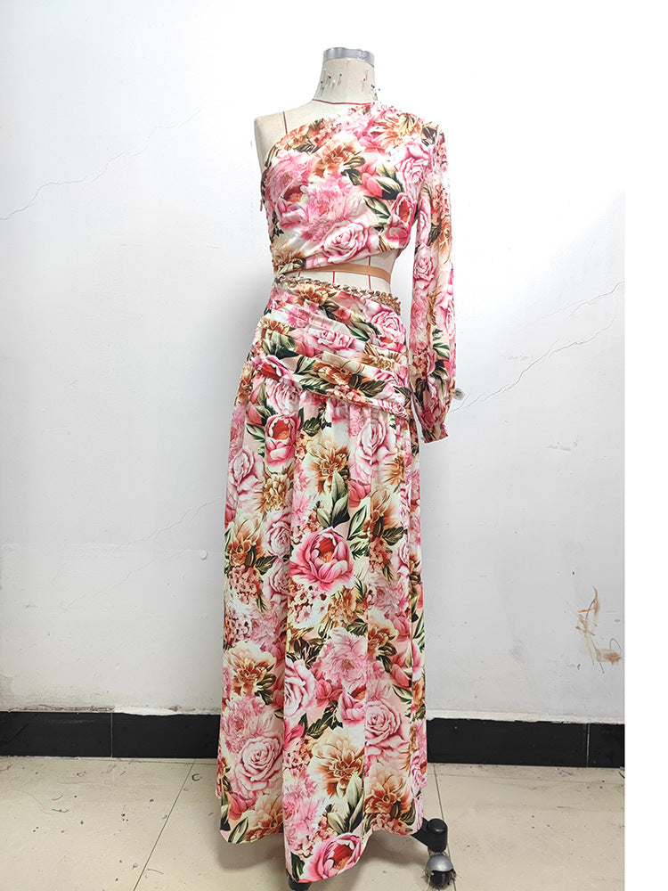 Fashion One-shoulder Bubble Long Sleeve Slim-fit Floral Hollow Split Dress - Saffronfashionindia