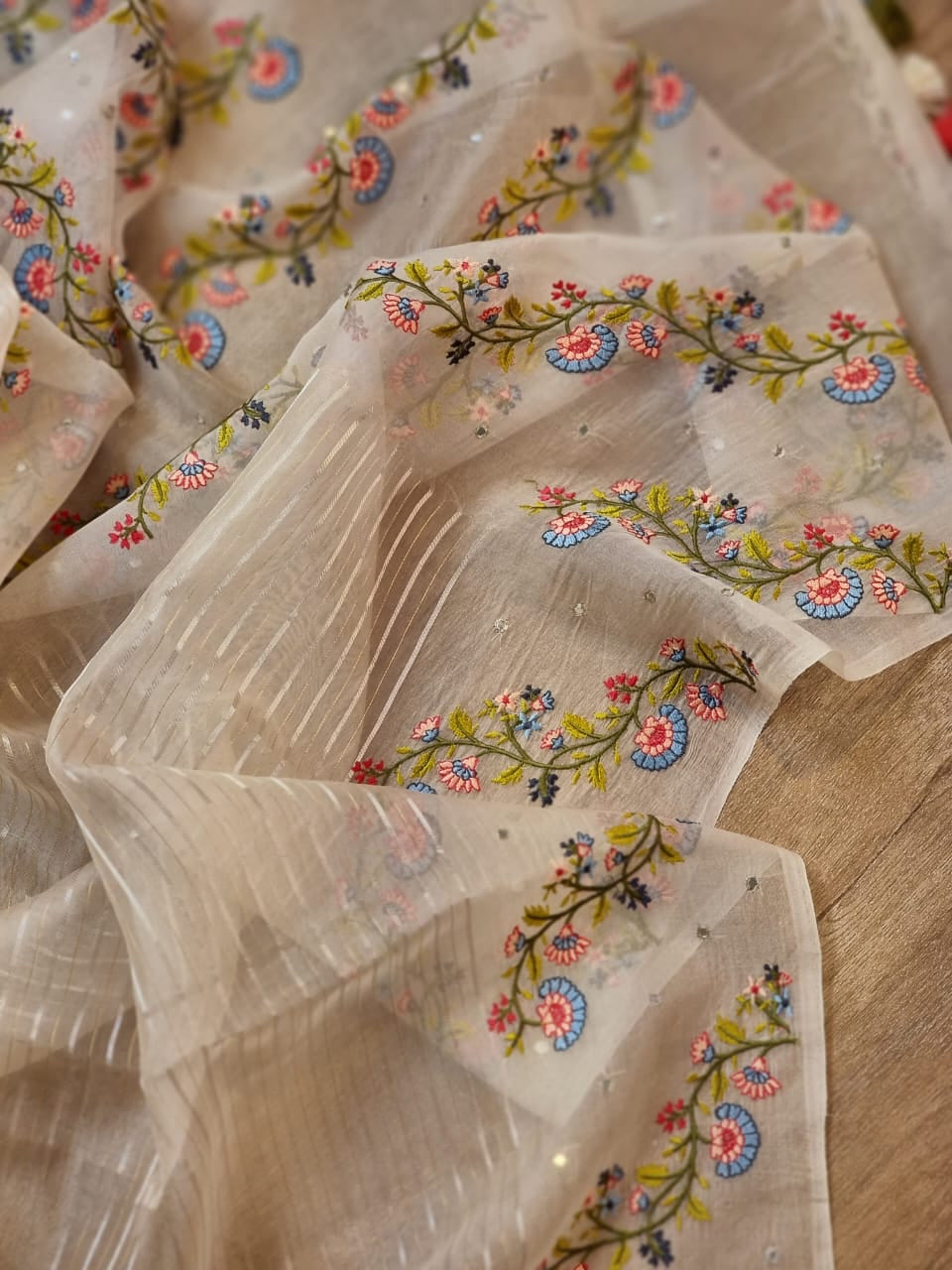 Embroidery striped organza silk saree - Saffronfashionindia