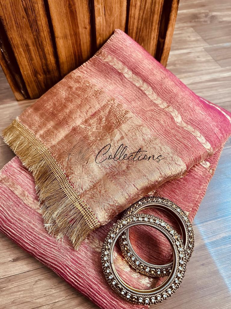 Pink Banarsi kora crushed tissue saree women sarees - Saffronfashionindia