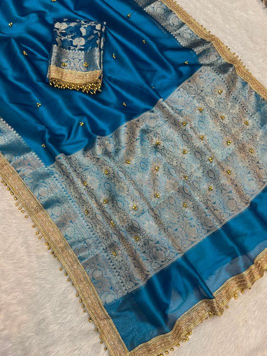 Firoza Banarsi saree soft silk tissue sarees blouse Indian sari partywear sarees Saffronfashionindia