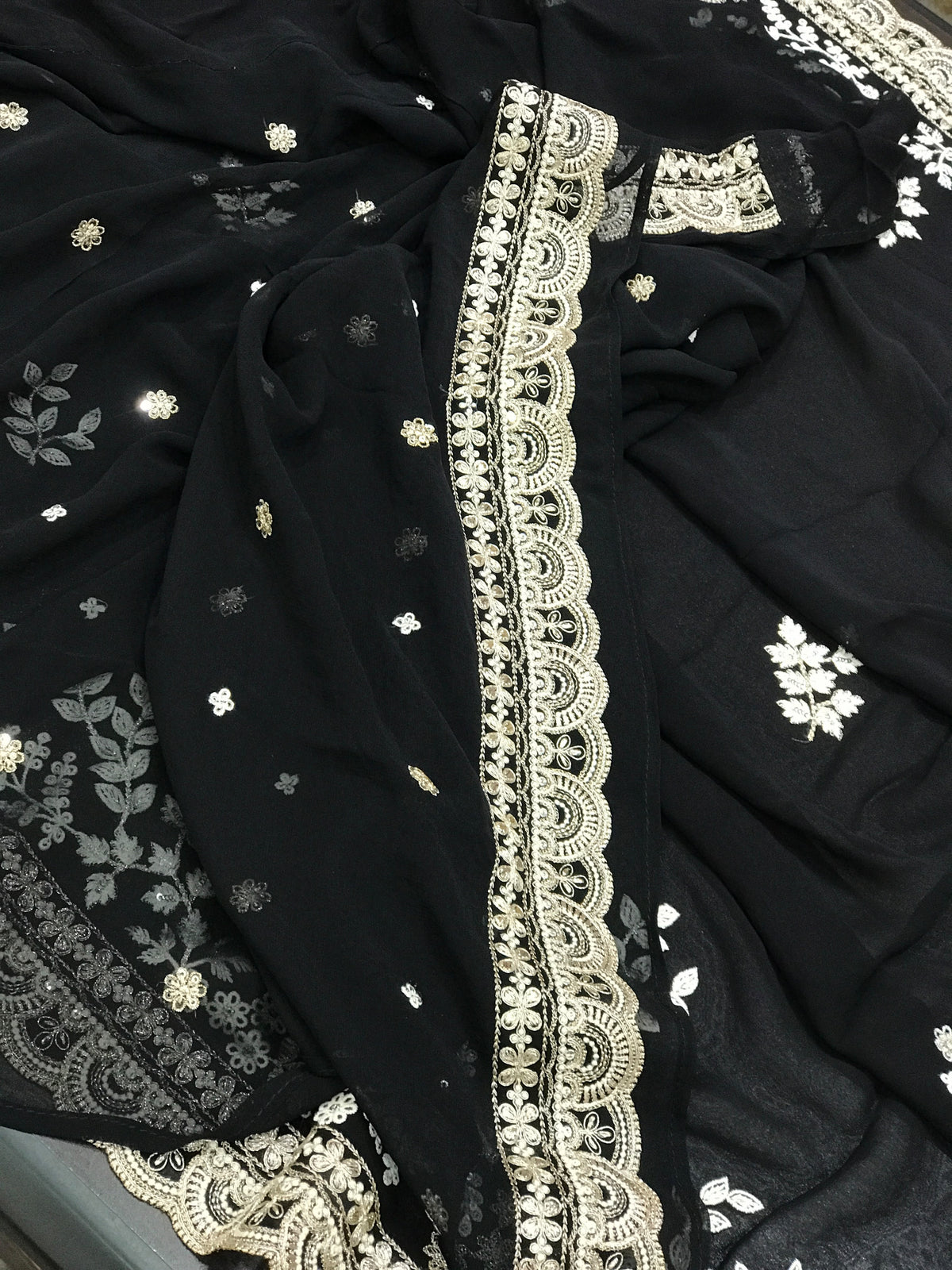 Black designer gorgette saree Lucknowi Parsi saree partywear sari blouse Saffronfashionindia
