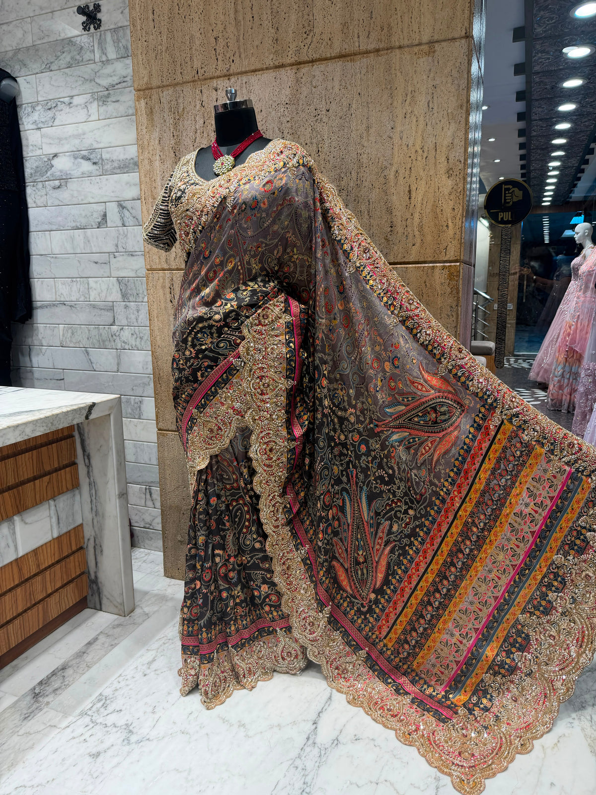 Designer pure saree embroidery sari blouse wedding sarees Saffronfashionindia