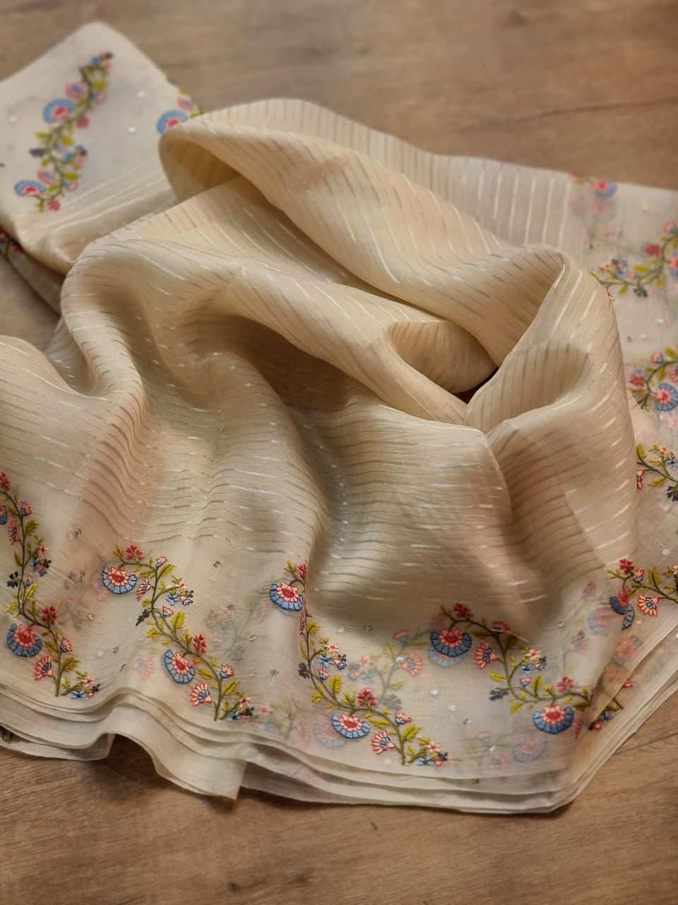 Embroidery striped organza silk saree - Saffronfashionindia