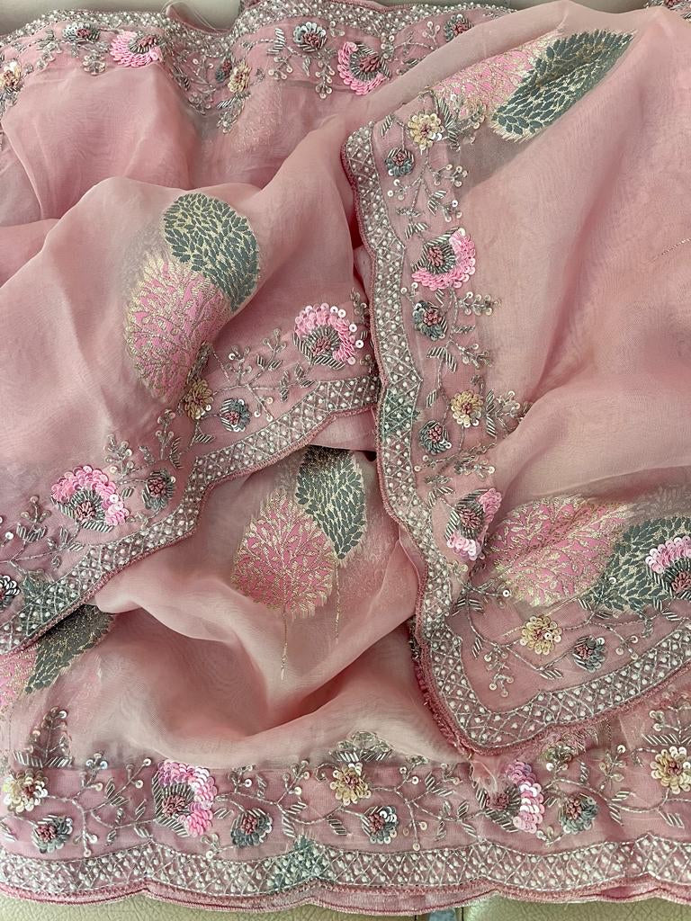 Floral weaved handwoven organza saree - Saffronfashionindia