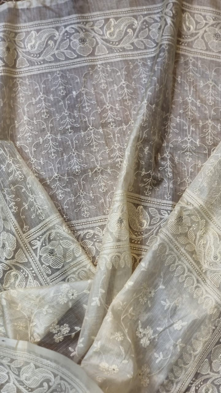 White tussar Kora saree zari silk sarees blouse - Saffronfashionindia