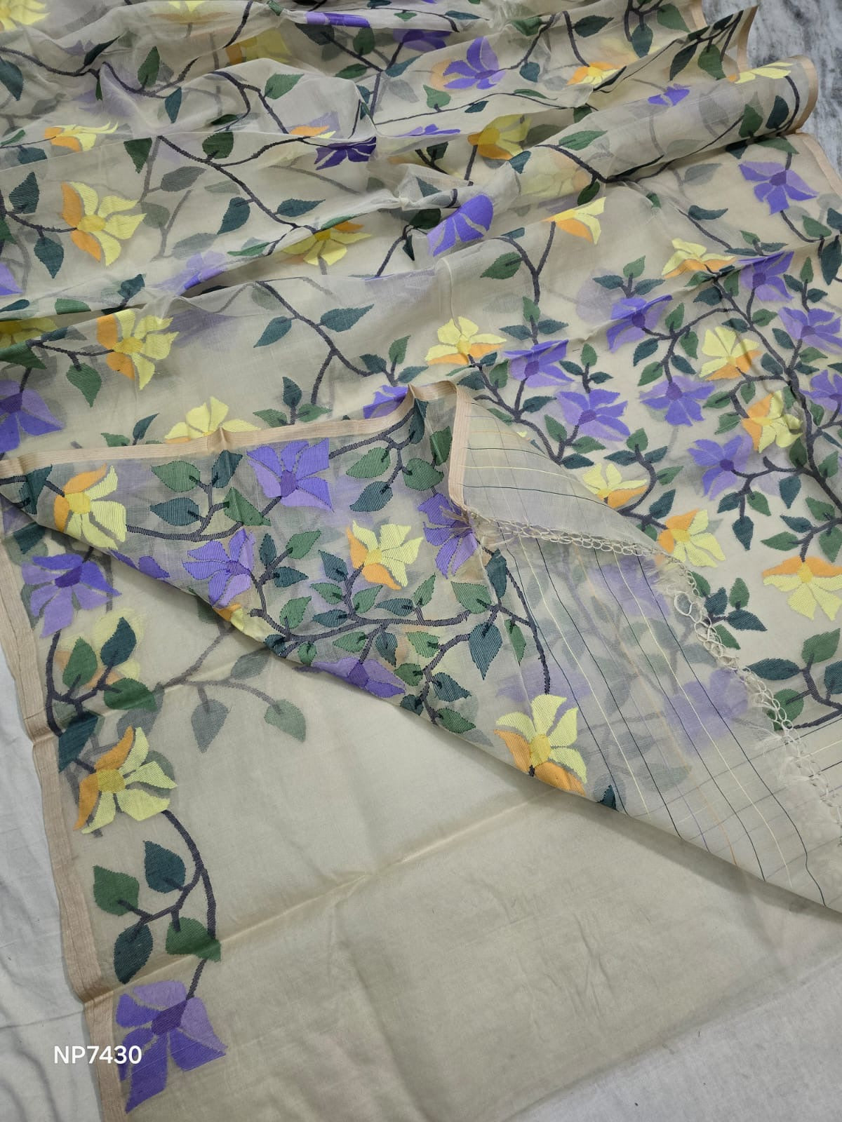 Off white Tantuj Jamdani sarees - Saffronfashionindia