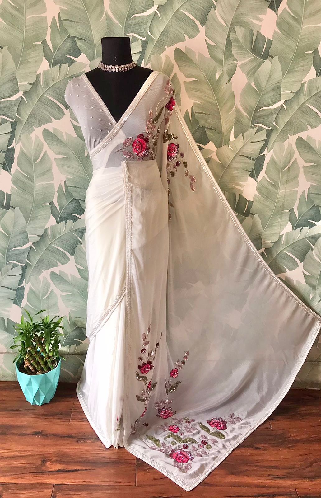 Elegant premium saree floral sari blouse partywear sarees Saffronfashionindia