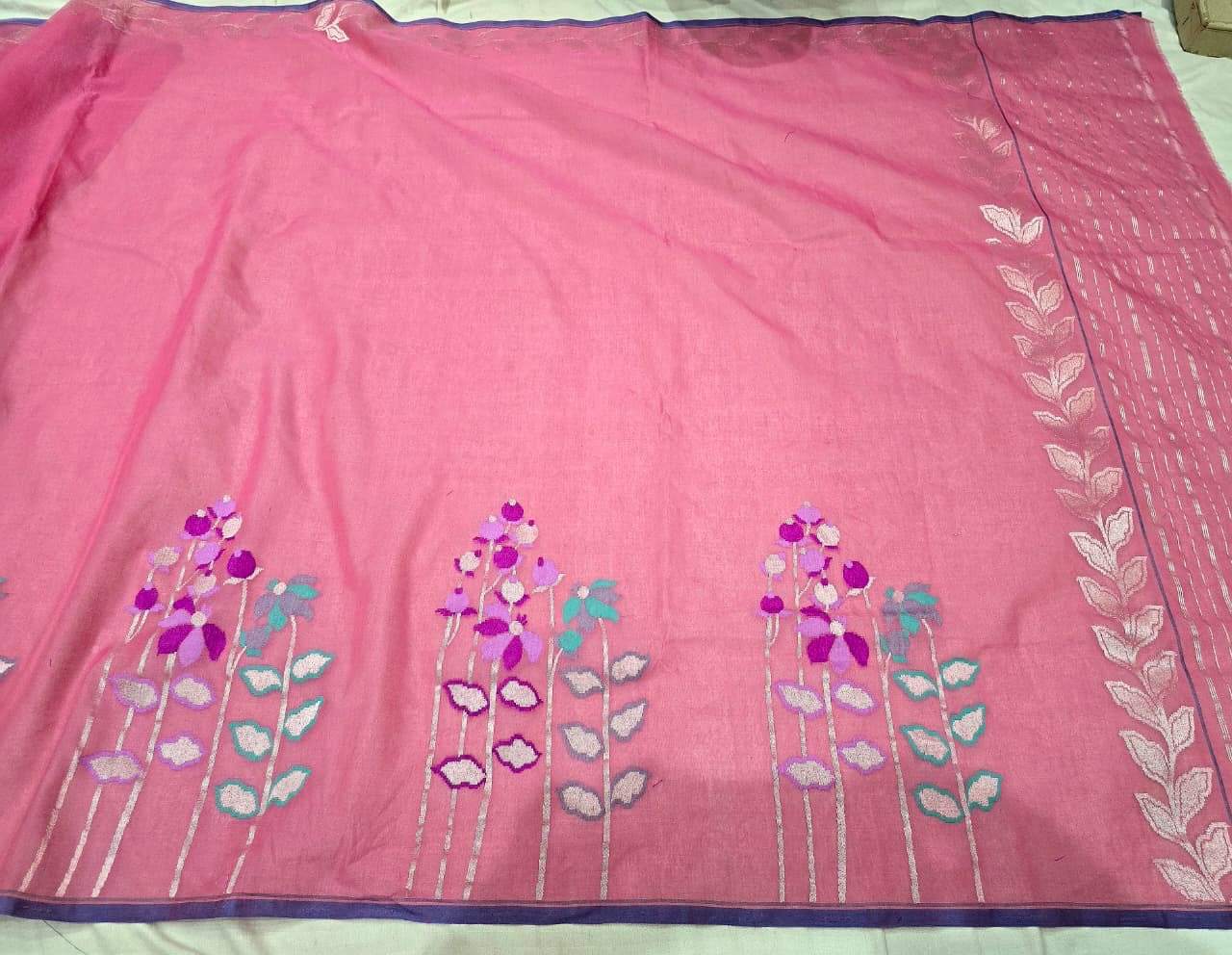 Pink iktara cotton saree jamdani saree floral sari blouse SaffronFashion