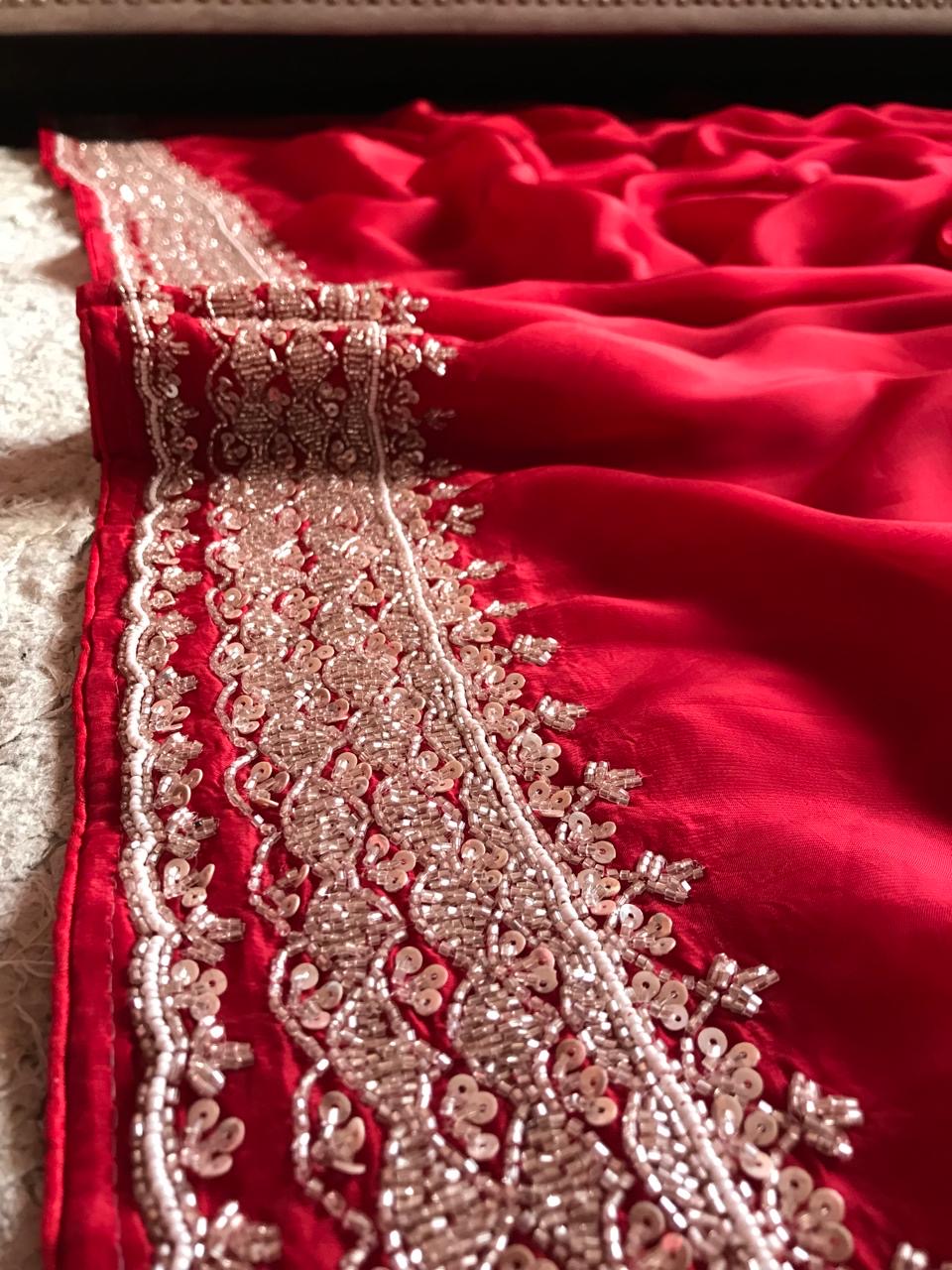 Red Bridal Posh Premium Satin saree - Saffronfashionindia